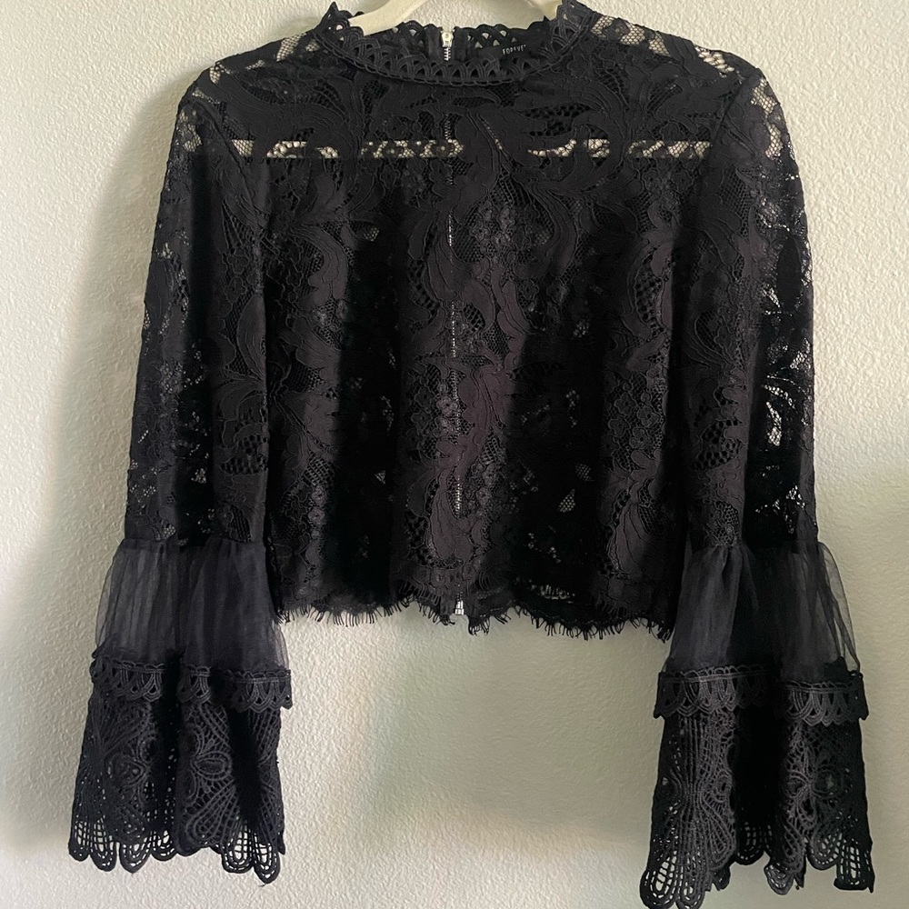 Forever 21 Black Lace Bell Sleeve Blouse Crop Top - Picture 3 of 5